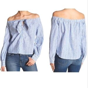 Free People Hello There Off Shoulder Linen Button Down in Blue and White Sz Med